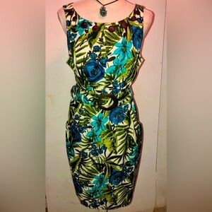 Tropical Green&Blue Sleeveless, Knee Length Dress,